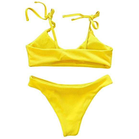 Ribbed Shoulder-Tie Cheeky Bikini in Yellow - Picture 3 of 8